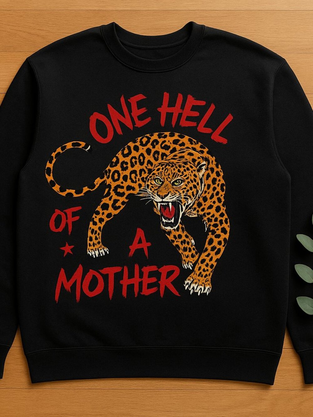 One Hell of a Mother Leopard Graphic Sweatshirt Black Vintage Wildcat Y2K